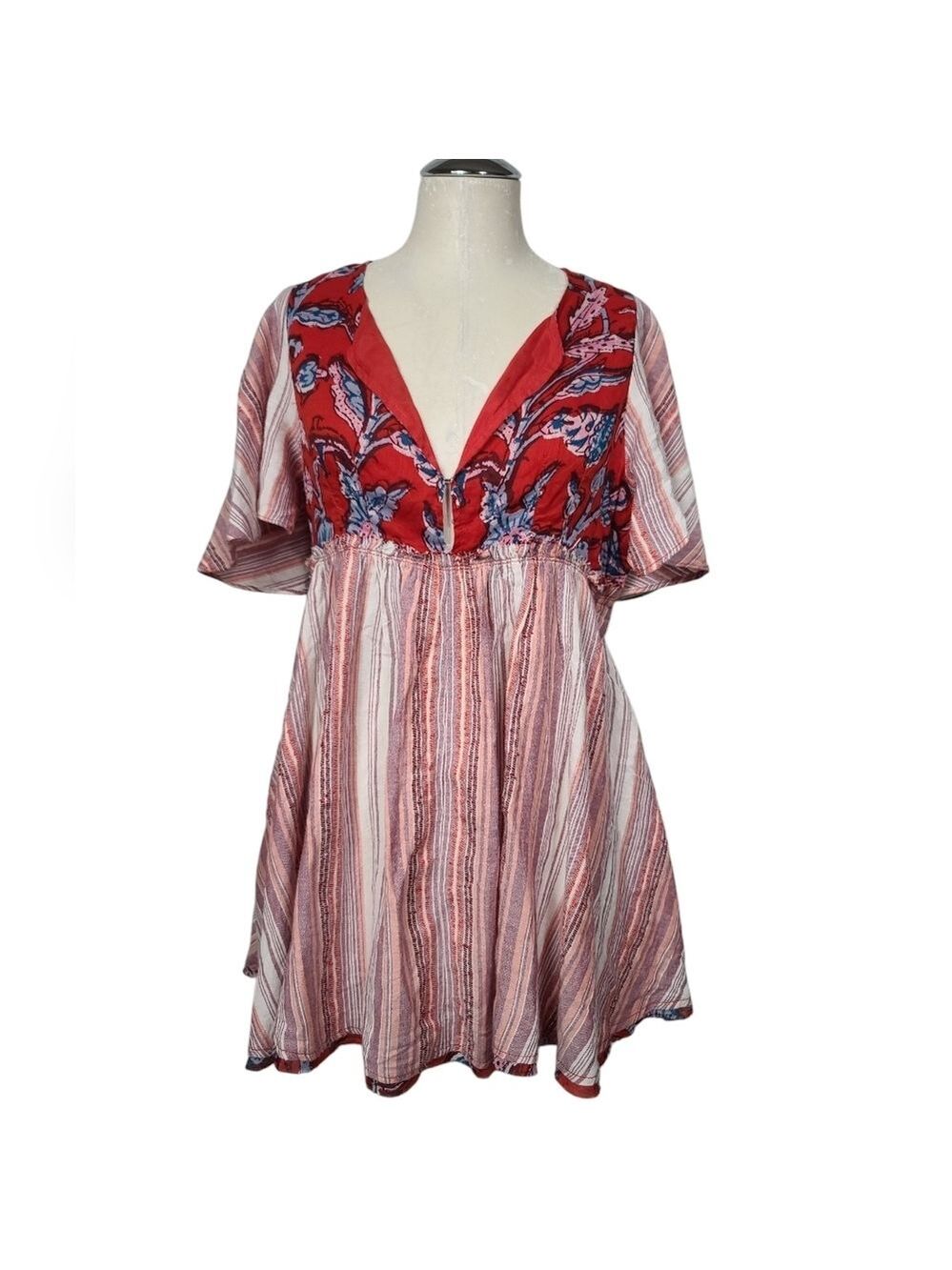 Free People Under The Sun Red Blue V Neck Open Back Tunic Mini Dress XS